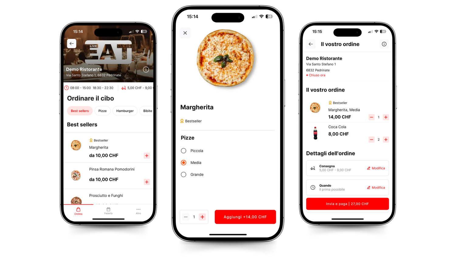 Panoramica delle schermate EatLive per menu e ordini